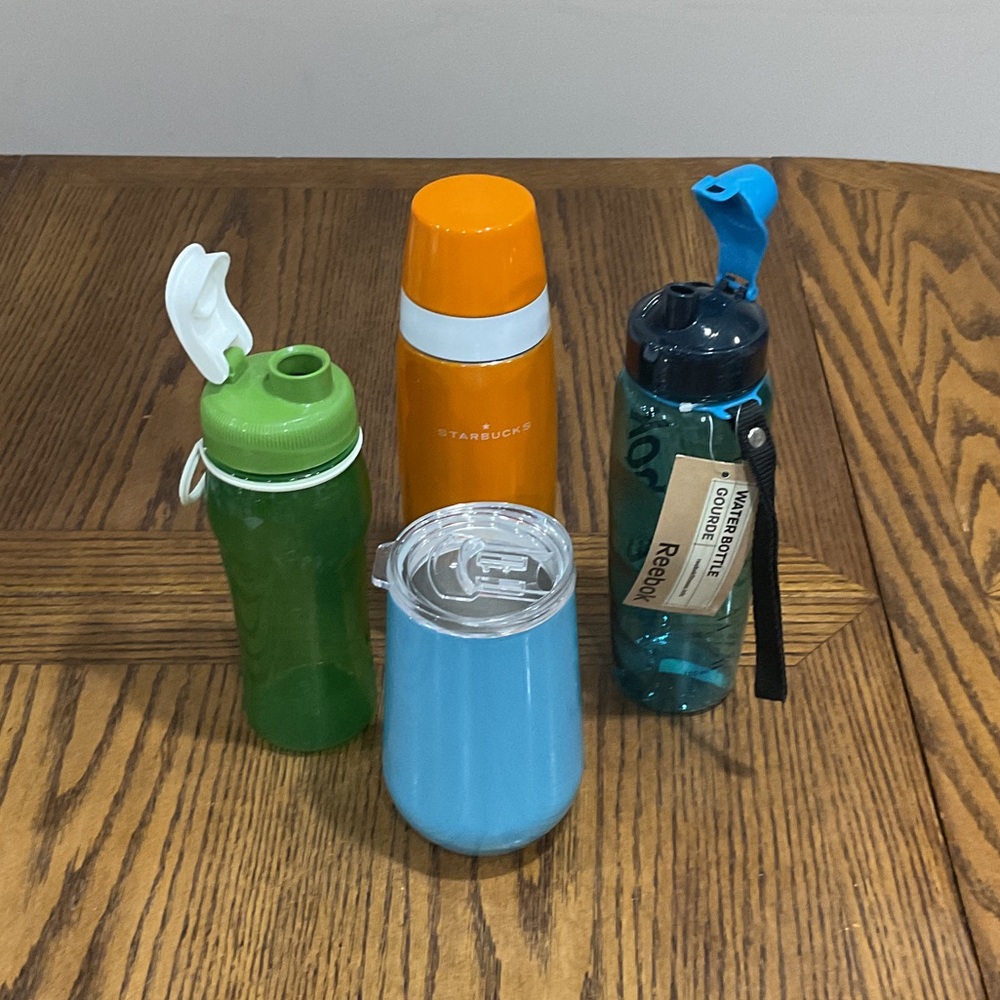 Starbucks Orange & White Thermos, 2 water bottles & blue metal tumbler with top